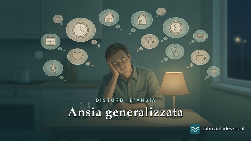 Uomo alla scrivania circondato da pensieri e preoccupazioni: l'ansia generalizzata