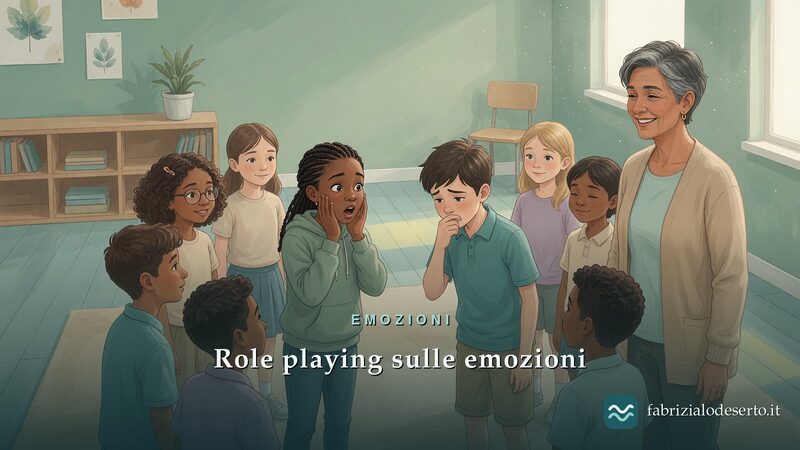 Ragazzi in cerchio che recitano una scena di role playing sulle emozioni in classe