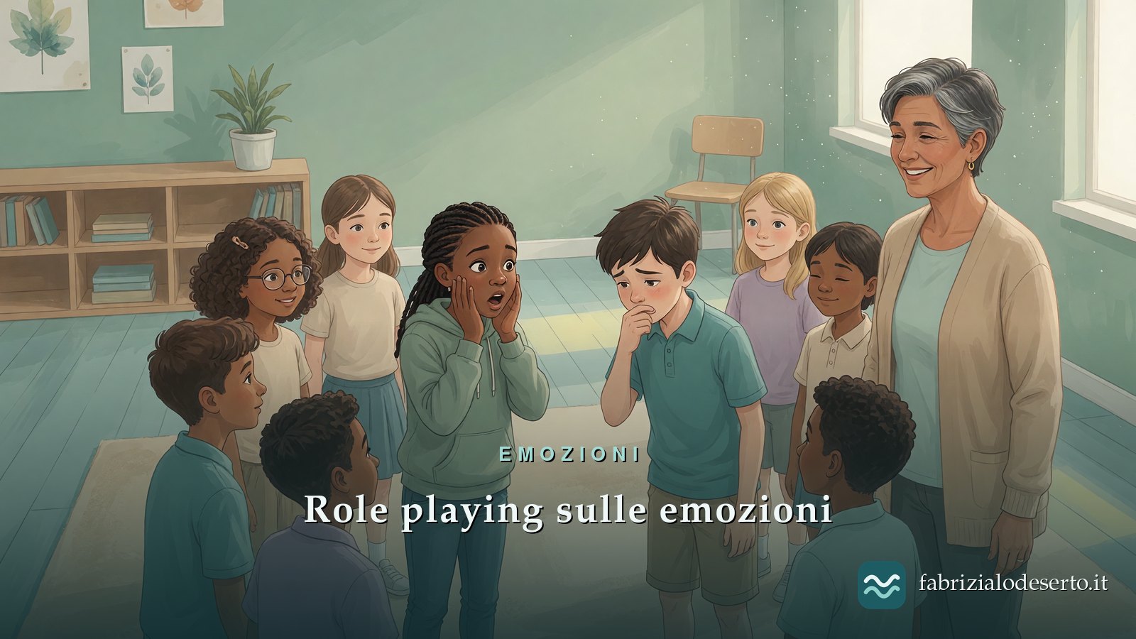 Ragazzi in cerchio che recitano una scena di role playing sulle emozioni in classe