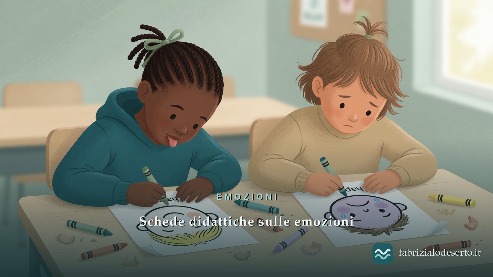 Bambini al banco che colorano schede didattiche sulle emozioni con volti felici e tristi