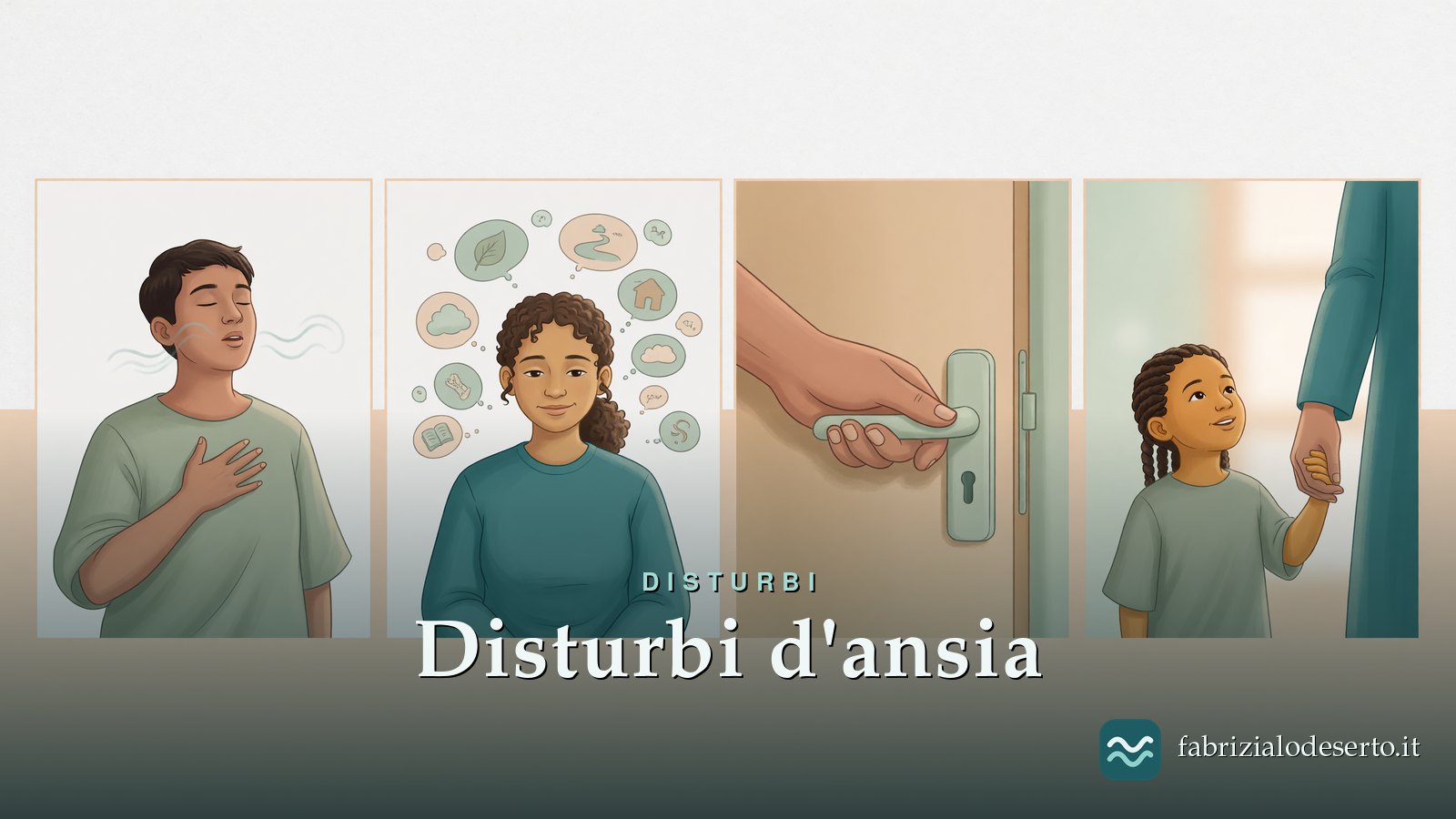 Quattro persone che rappresentano diversi disturbi d'ansia in un'illustrazione a riquadri