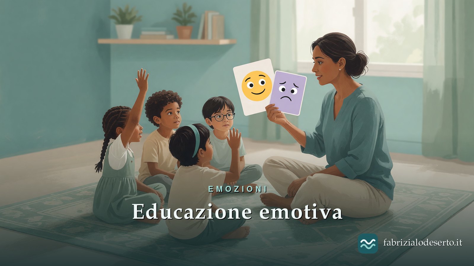 Insegnante e bambini che parlano di emozioni con cartoncini colorati: l'educazione emotiva