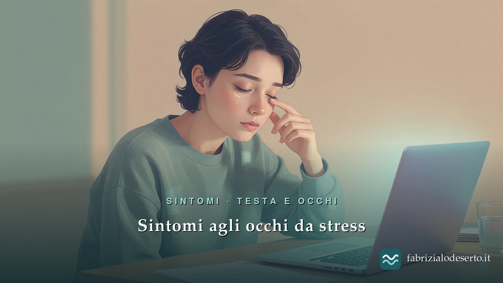 Giovane stanco alla scrivania che si tocca un occhio: sintomi agli occhi legati allo stress