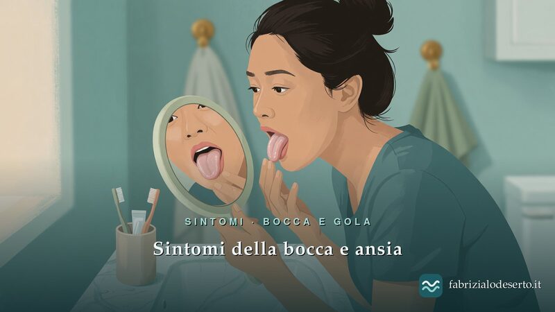 Donna davanti allo specchio che osserva la lingua: sintomi della bocca come lingua gonfia e sapore dolce
